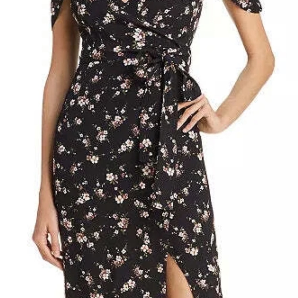 Revolve Bardot Pink and White Asymmetrical Sheath Dress with Flutter Sleeves